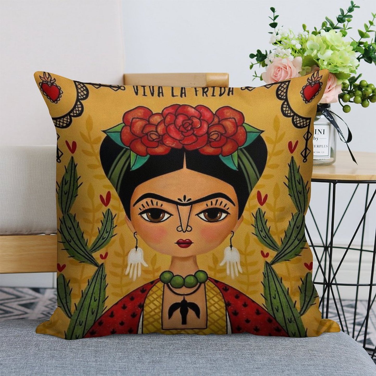 Frida Kahlo Illustration Linen Throw Pillow Cover