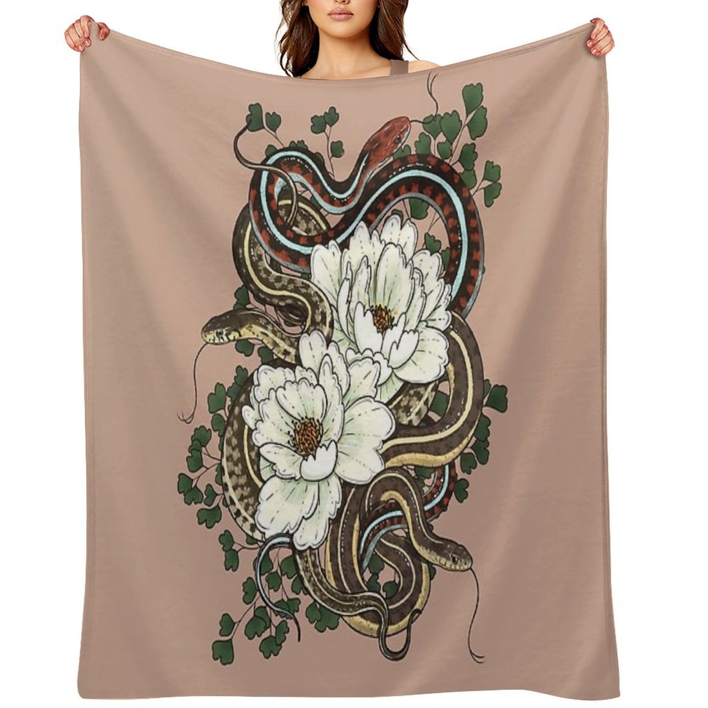 Garter Snakes with White Peonies Throw Blanket