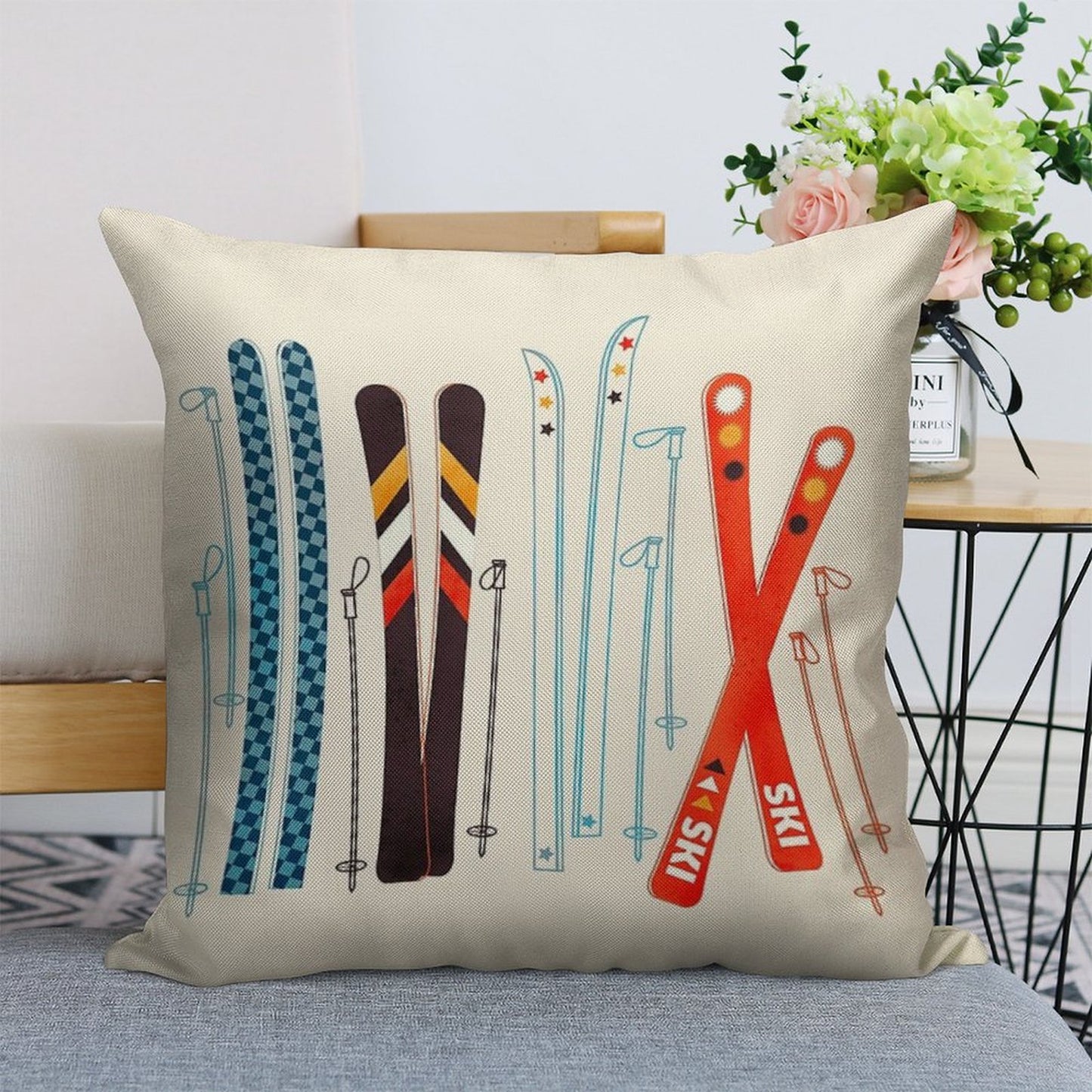 Colorful Retro Ski Illustration Linen Throw Pillow Cover