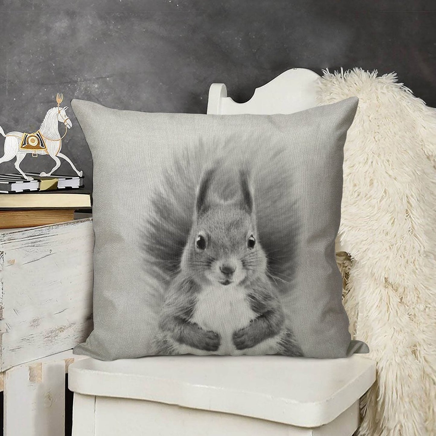 Squirrel 2 - Black & White Linen Throw Pillow Cover
