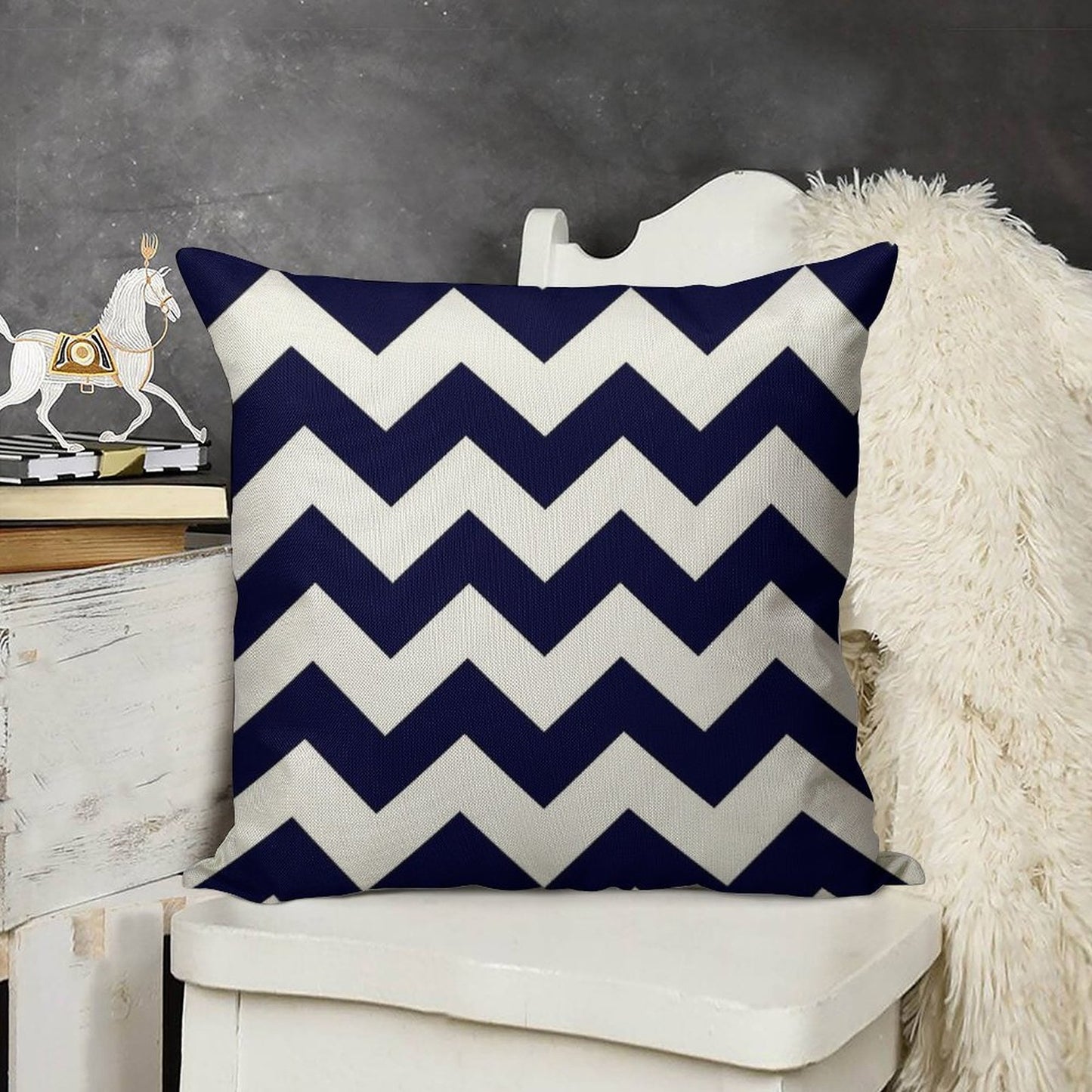 Navy Blue And White Chevron Stripes Linen Throw Pillow Cover