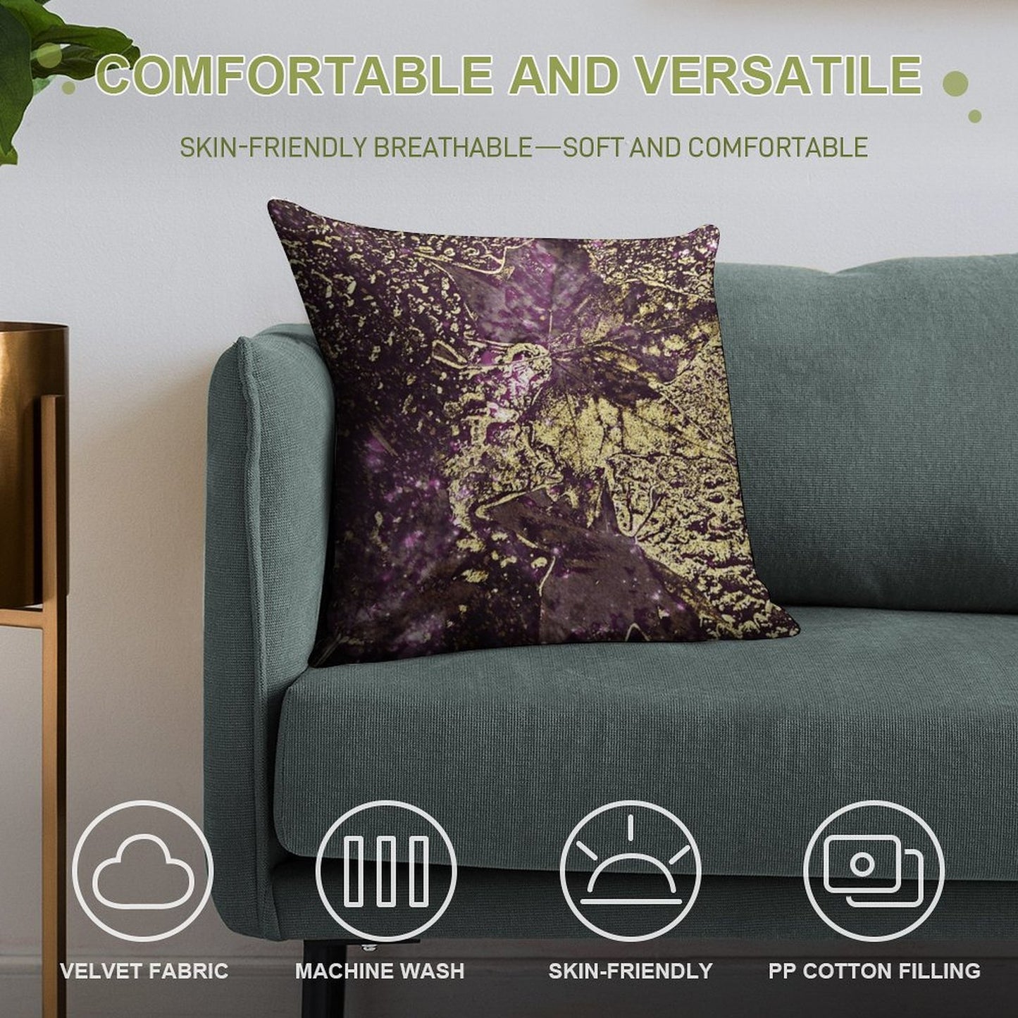 Two Purple Leaves in Melted Gold Soft Home Decor Throw Pillow