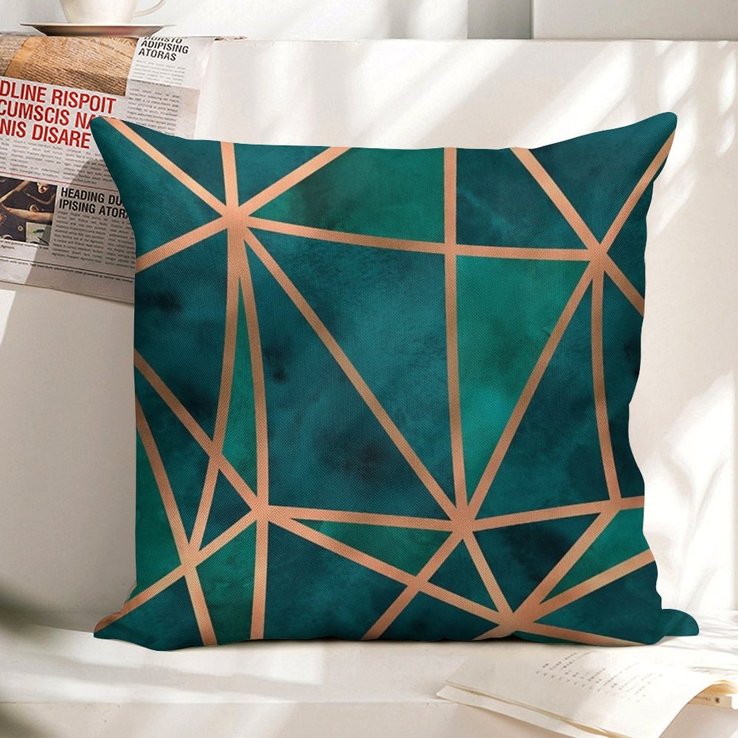 Copper And Emerald Geometric Design Linen Throw Pillow Cover