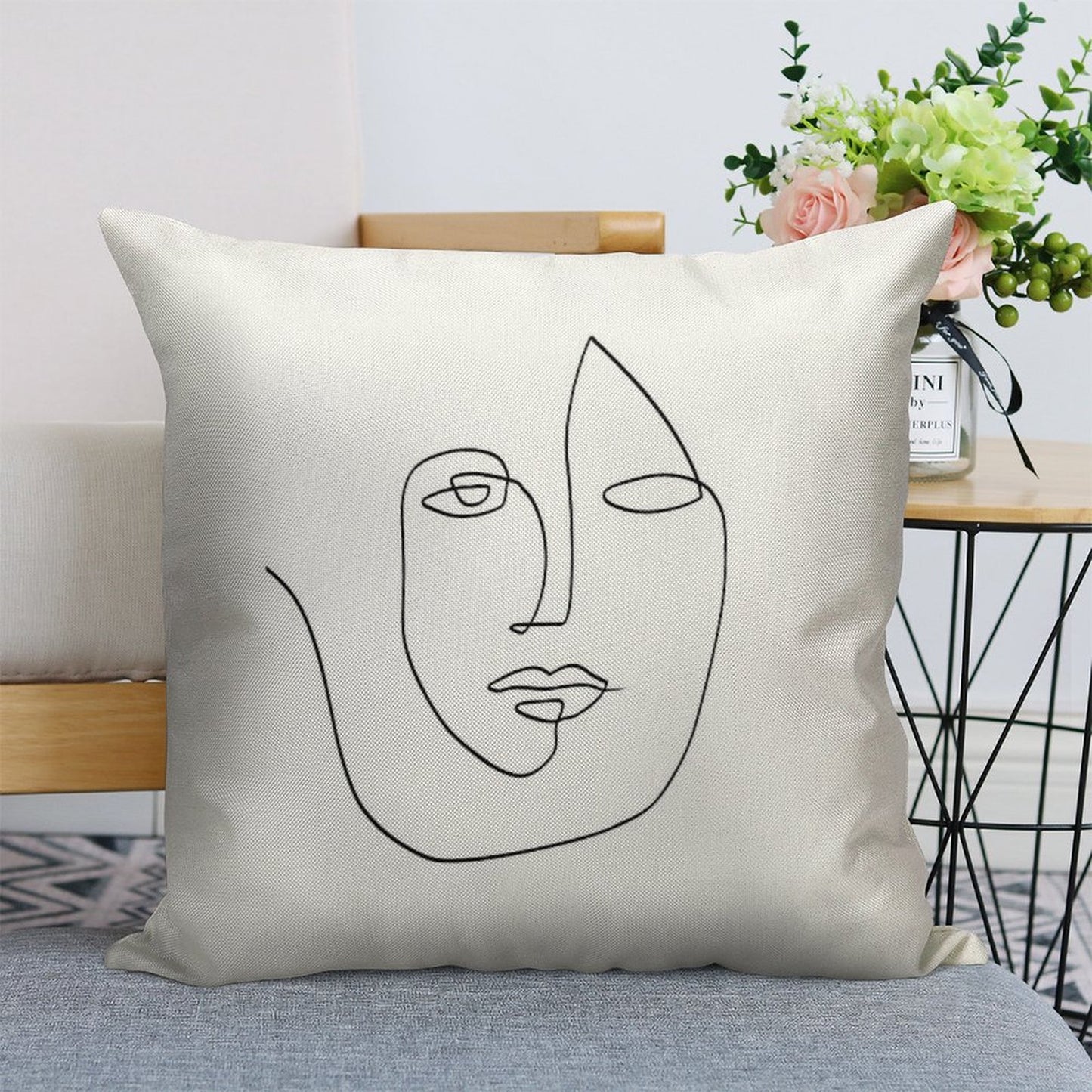 Abstract Face - One Line Art Linen Throw Pillow Cover