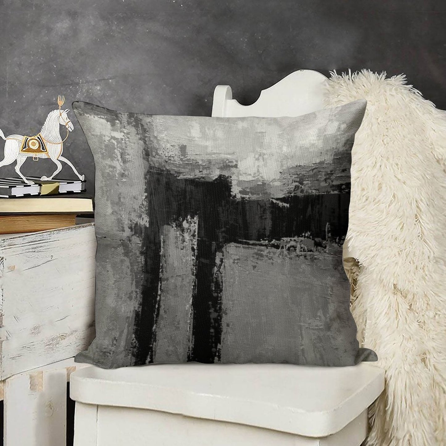 Gray Black Abstract Linen Throw Pillow Cover
