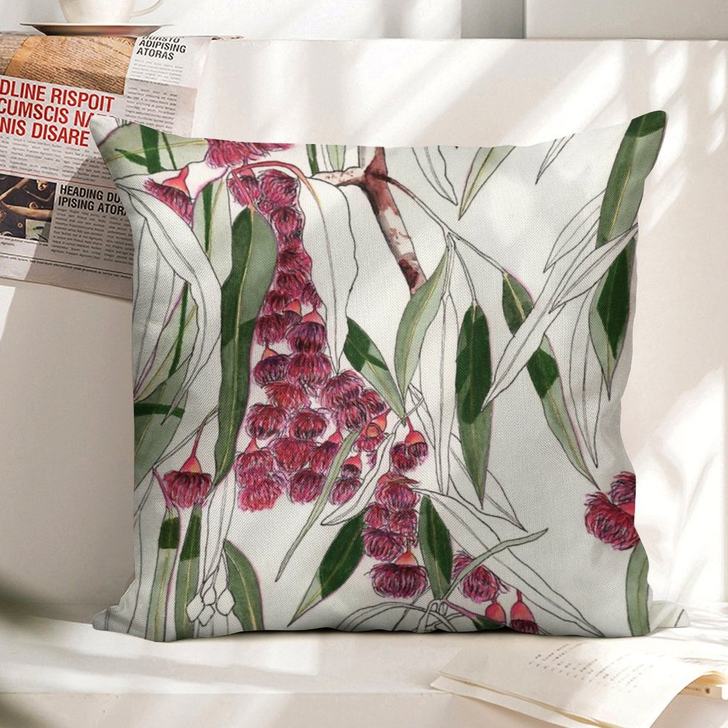 Flowering Gum Pink Australian Eucalyptus Leaves Linen Throw Pillow Cover