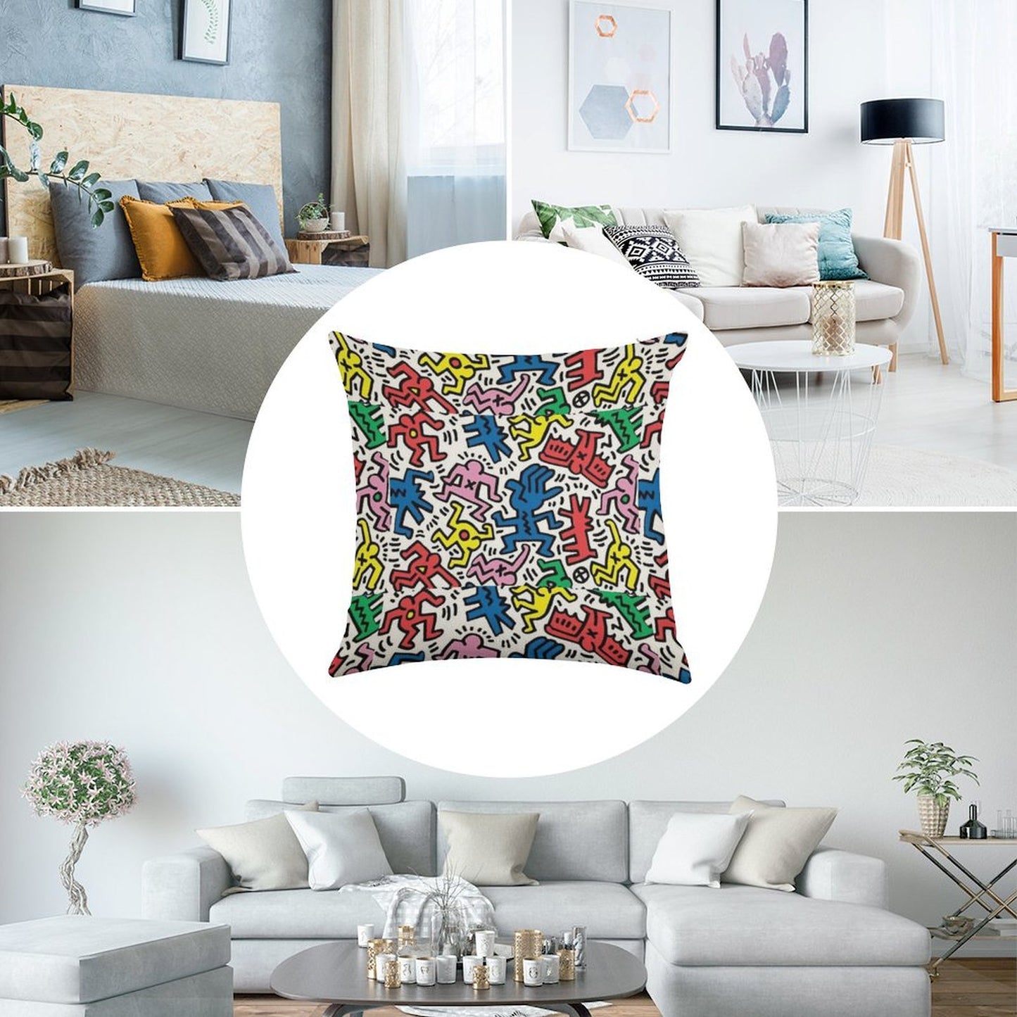 Haring Pop Art Linen Throw Pillow Cover