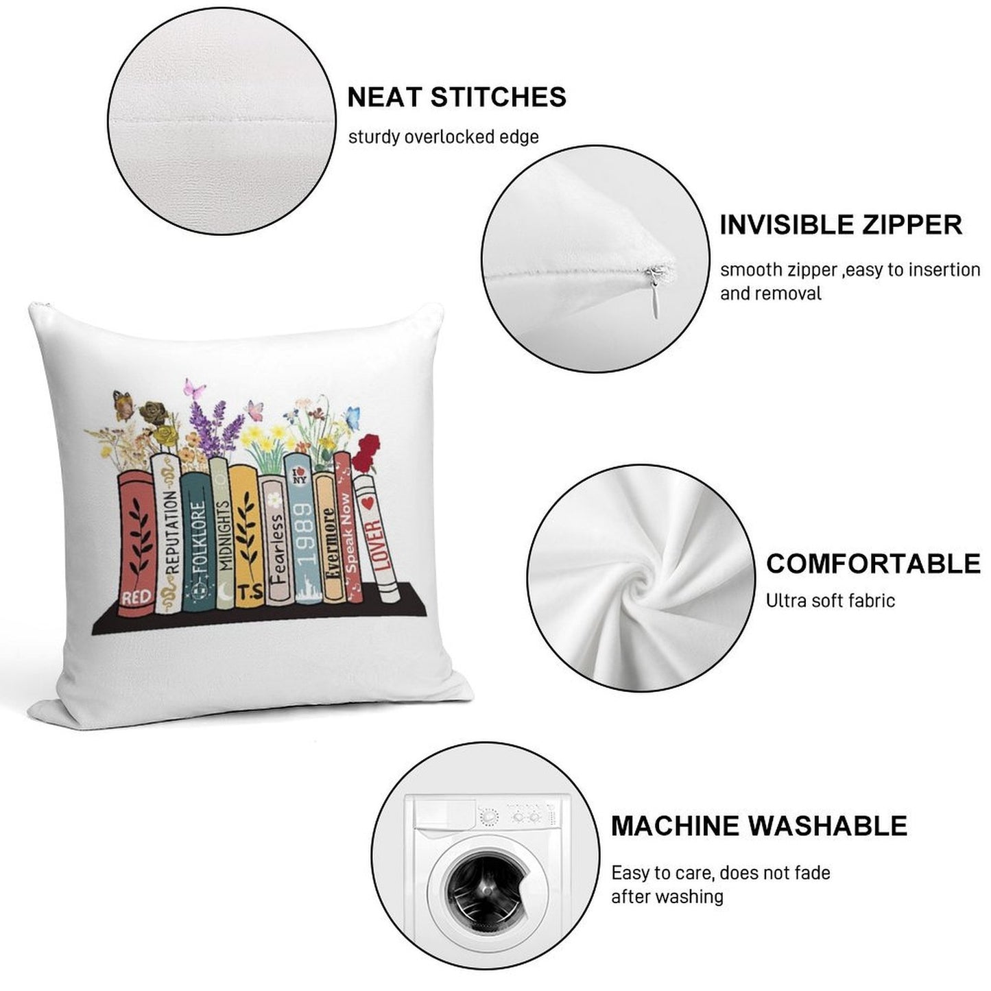 Taylor Albums Book Flowers Country Music Lover Swifties Soft Decorative Cover Throw Pillow