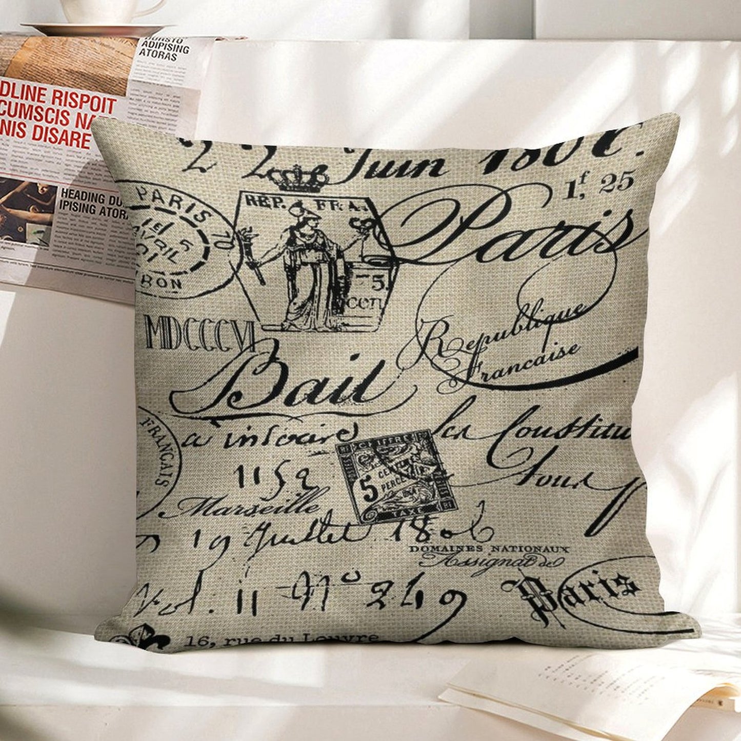French Script Pillow Linen Throw Pillow Cover