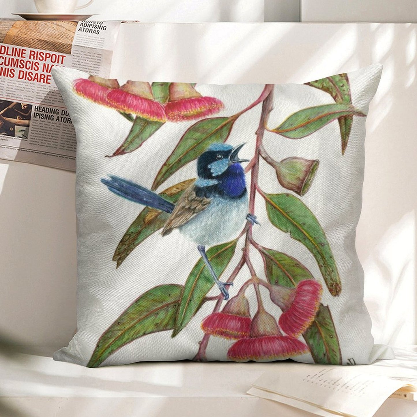 Splendid Fairywren in Silver Princess Linen Throw Pillow Cover