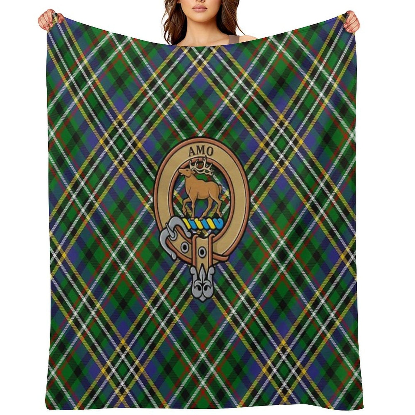 Clan Scott Crest over Green Tartan Throw Blanket
