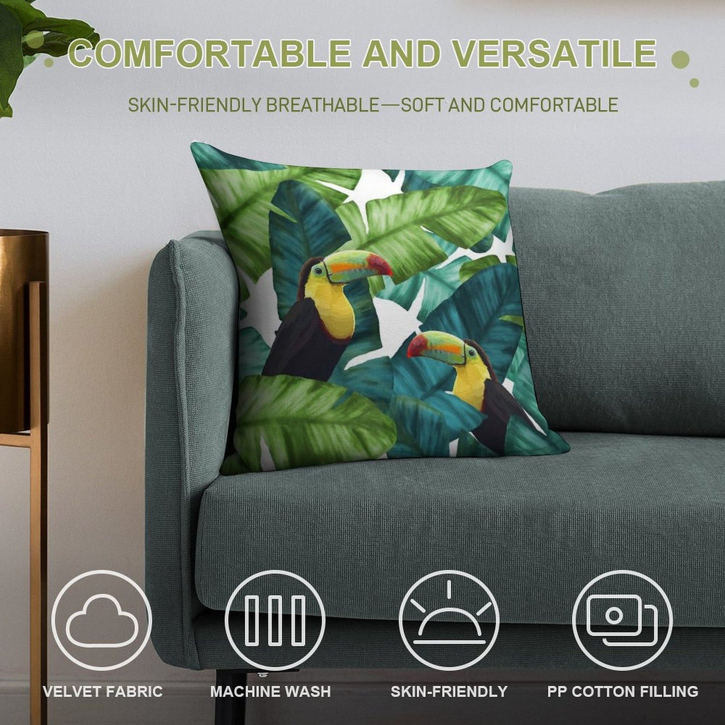 Toucans Tropical Banana Leaves Pattern Soft Anti-Pilling Throw Pillow