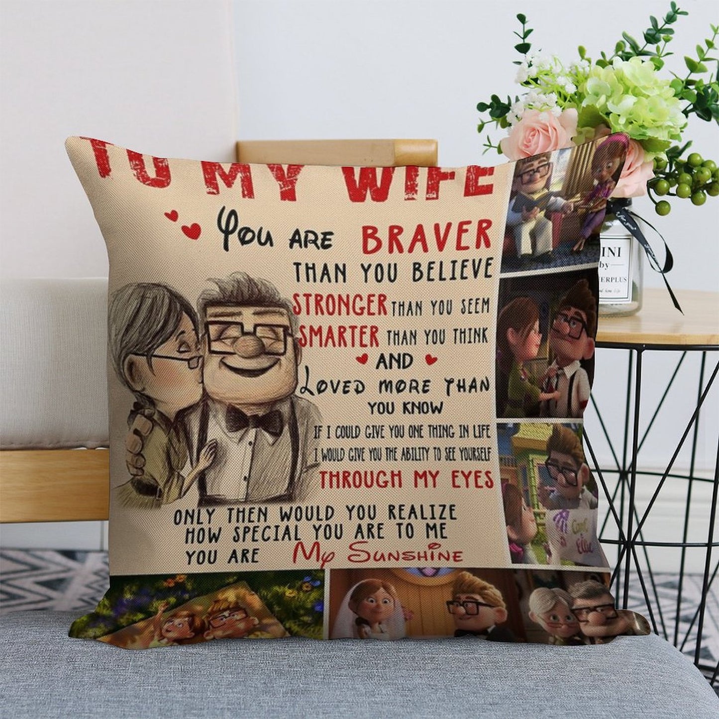 Carl & Ellie To My Wife You're Braver Than You Believe Quilt Blanket Fleece Blanket To My Wife Blanket Warmer Gift Gift For Her Linen Throw Pillow Cover