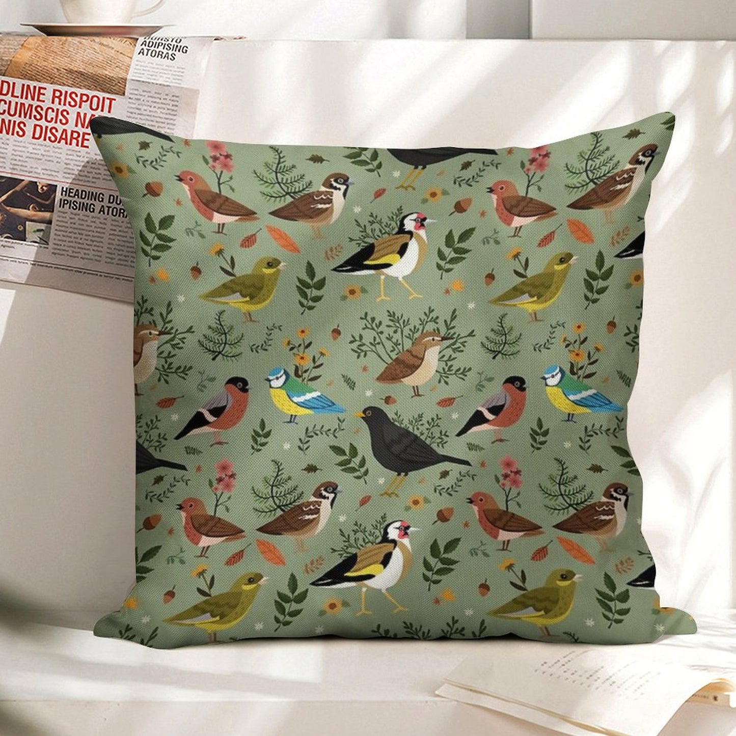 Garden Birds Linen Throw Pillow Cover