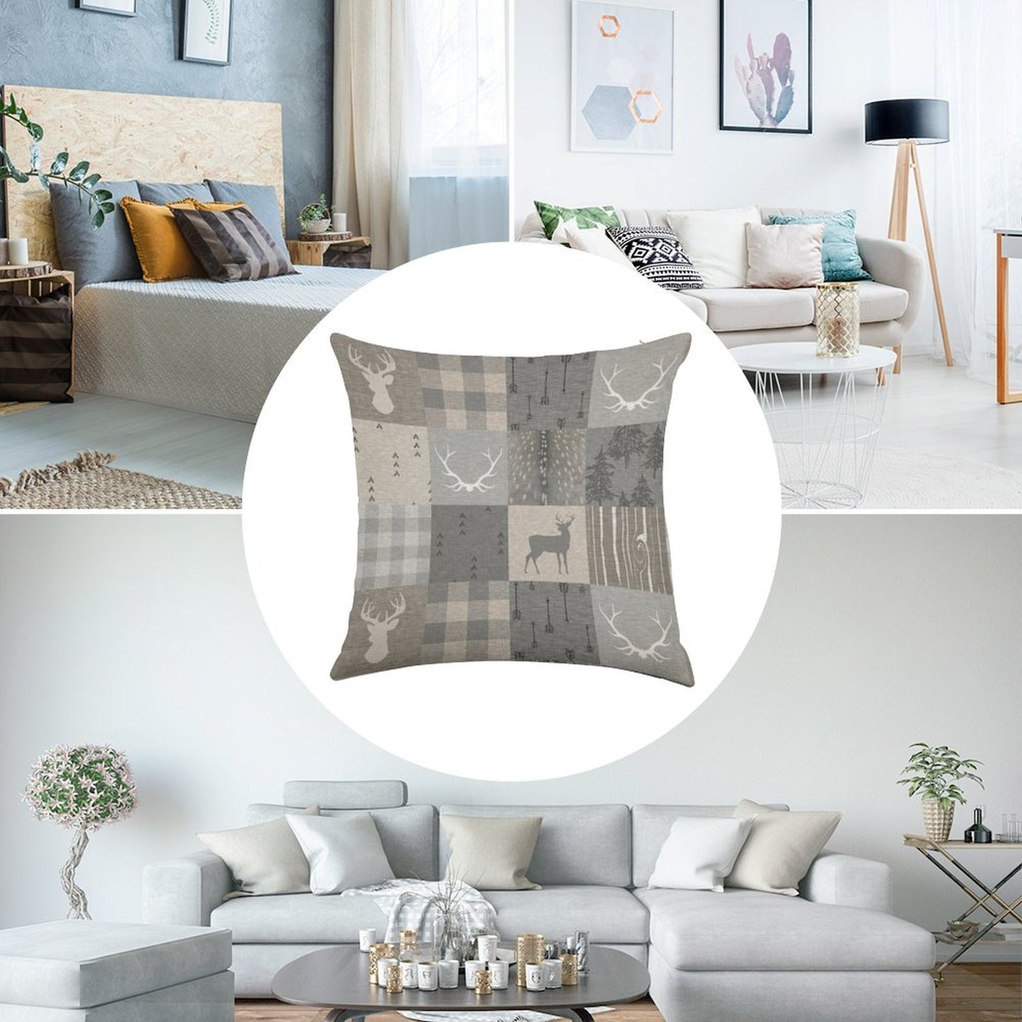 Rustic Woodland Patchwork - Grey And Beige Linen Throw Pillow Cover