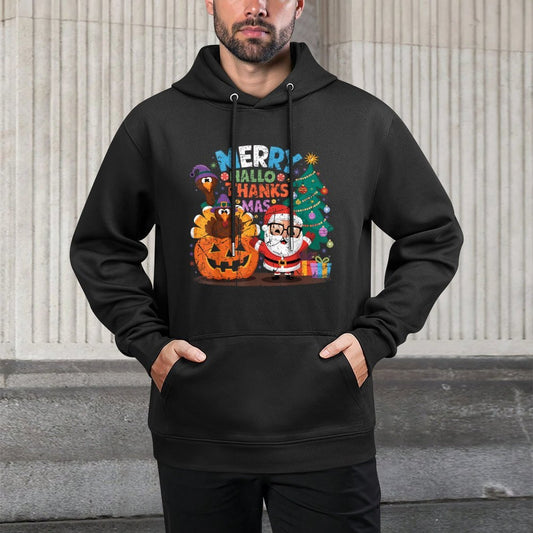 Merry Hallothanksmas Halloween Thanksgiving Christmas Mashup Adjustable Hood Hoodie
