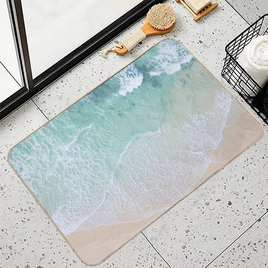 Green And White Lace Beach Sand And Seashore Waves Bath Mat