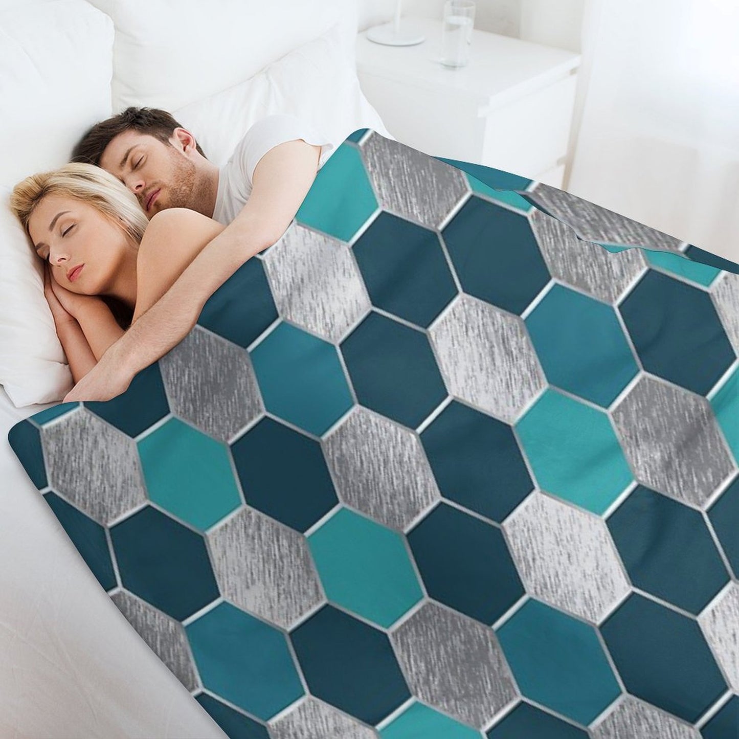 Metal Silver And Teal Geometric Hexagon Pattern Throw Blanket