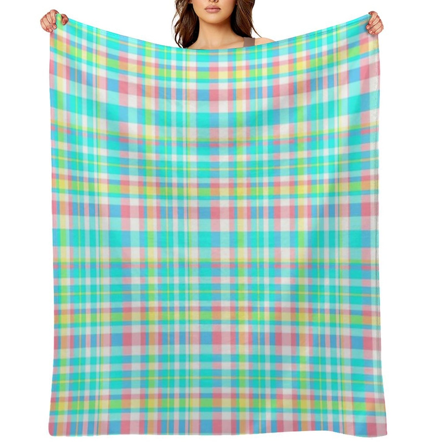 Pastel Aqua Blue Pink Yellow Plaid Spring Preppy Throw Blanket