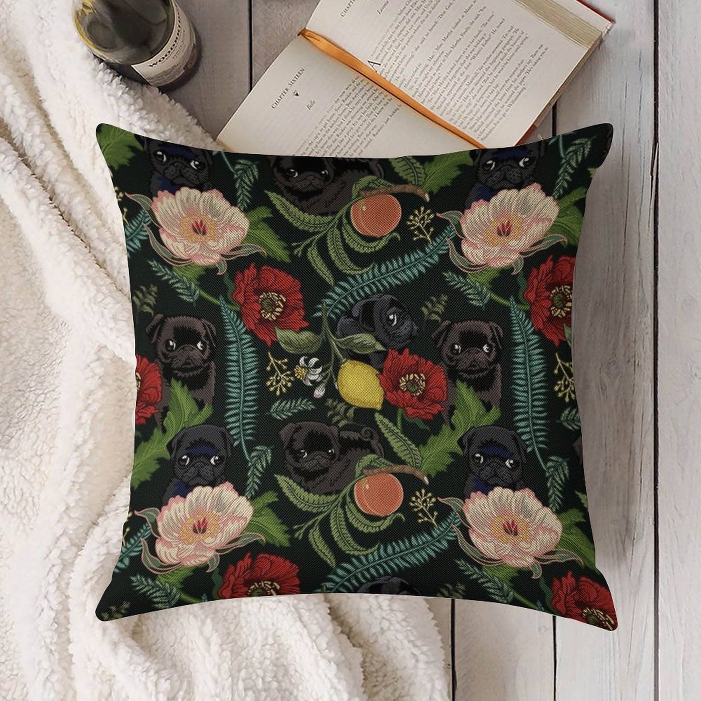 Botanical And Black Pugs Linen Throw Pillow Cover