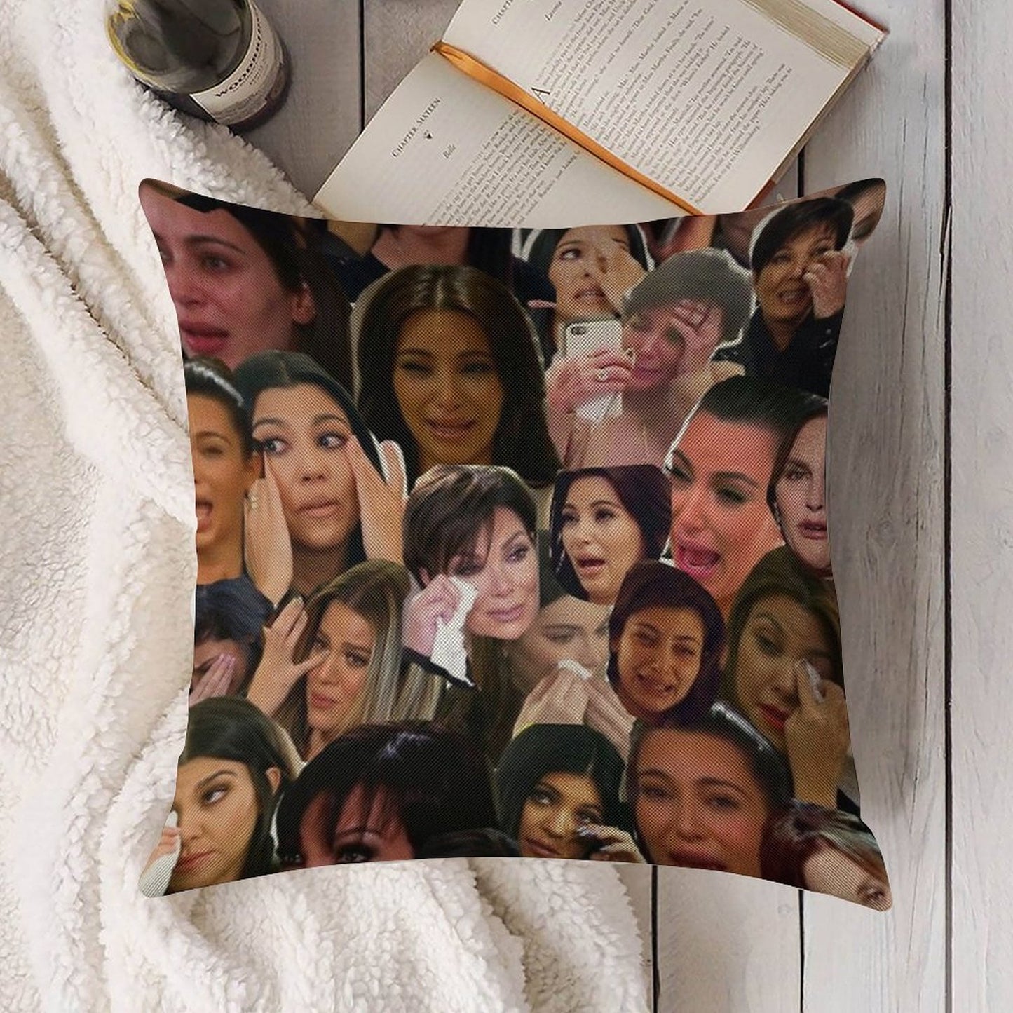 Kardashian's Crying Collage Linen Throw Pillow Cover