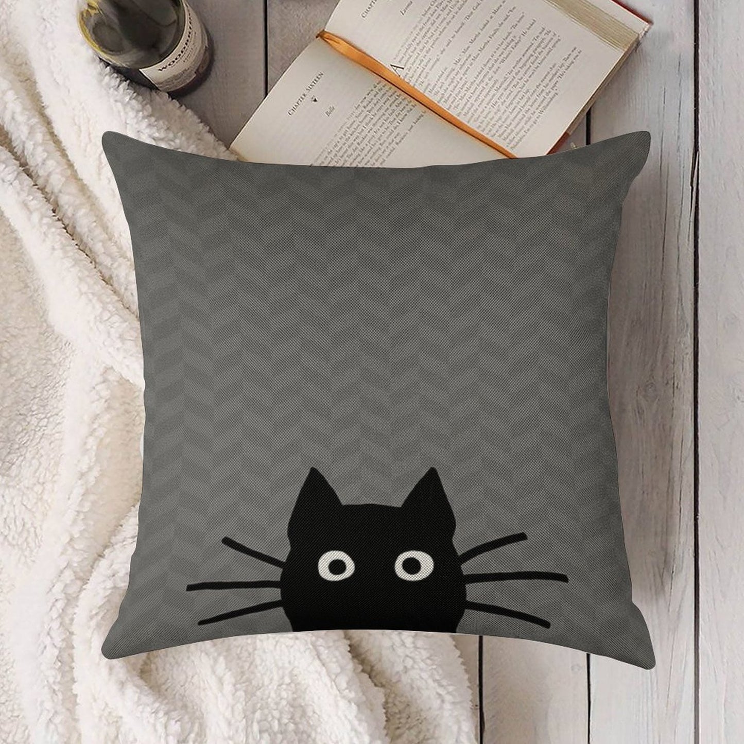Black Cat Face Linen Throw Pillow Cover