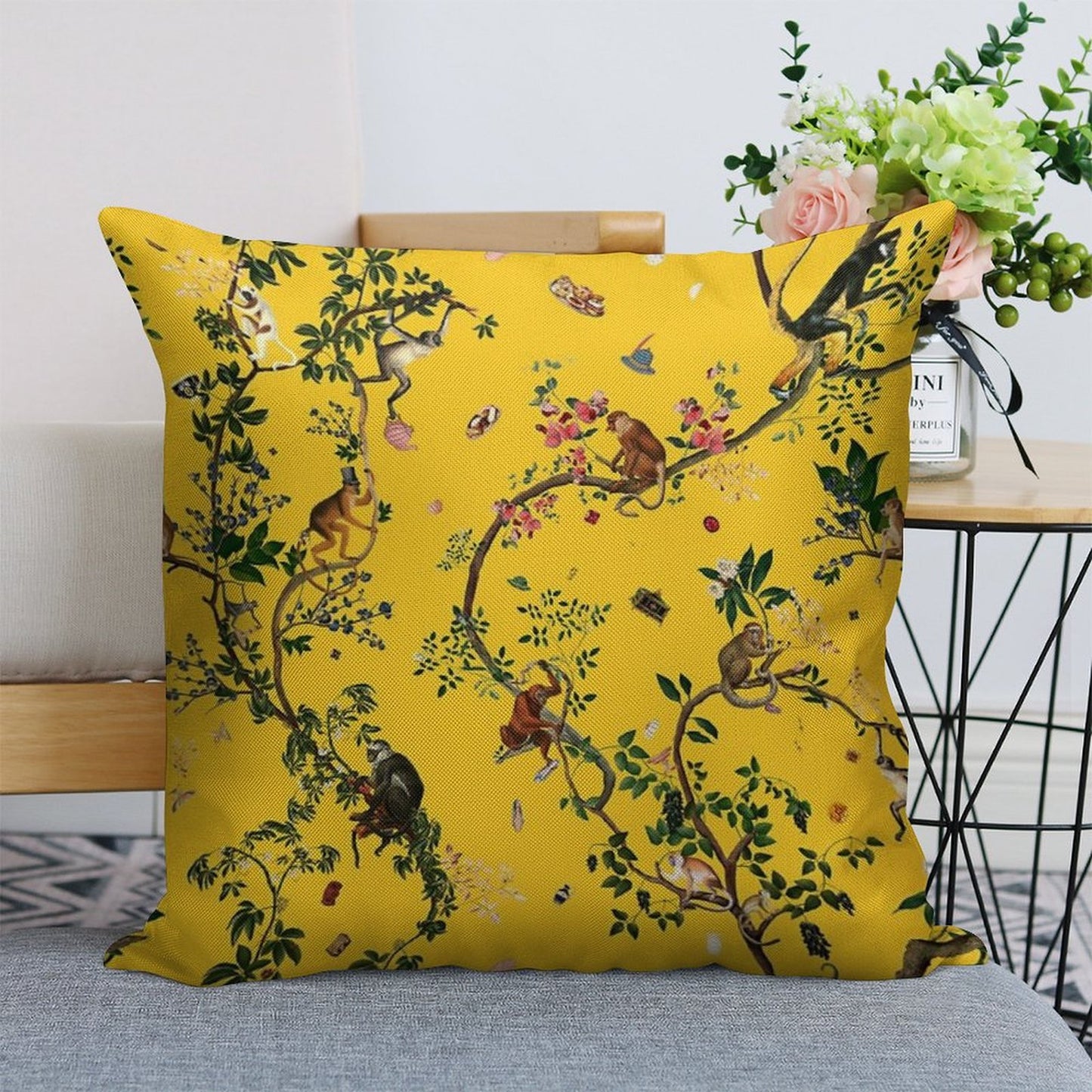 Monkey World Yellow Linen Throw Pillow Cover