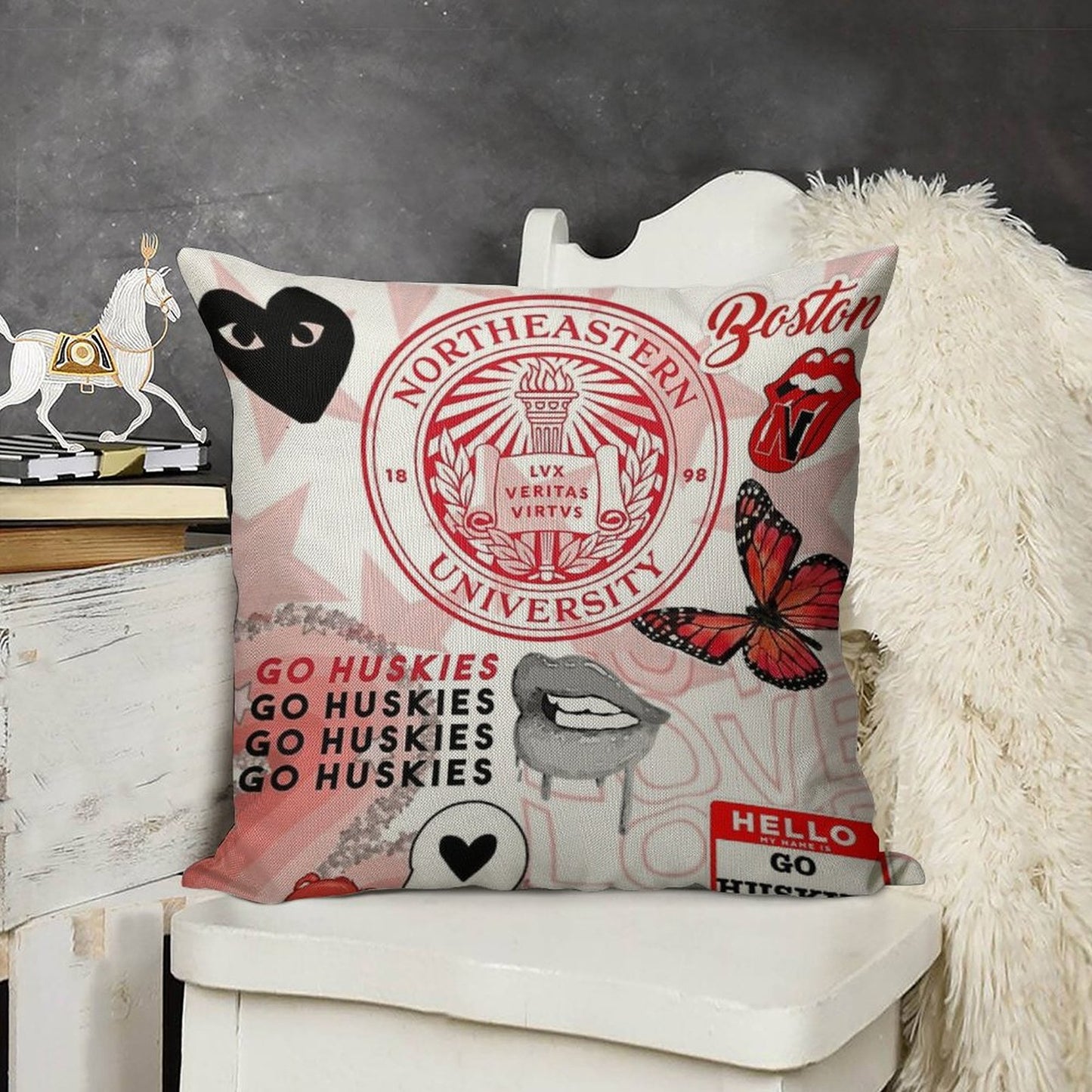 NORTHEASTERN COLLAGE Linen Throw Pillow Cover