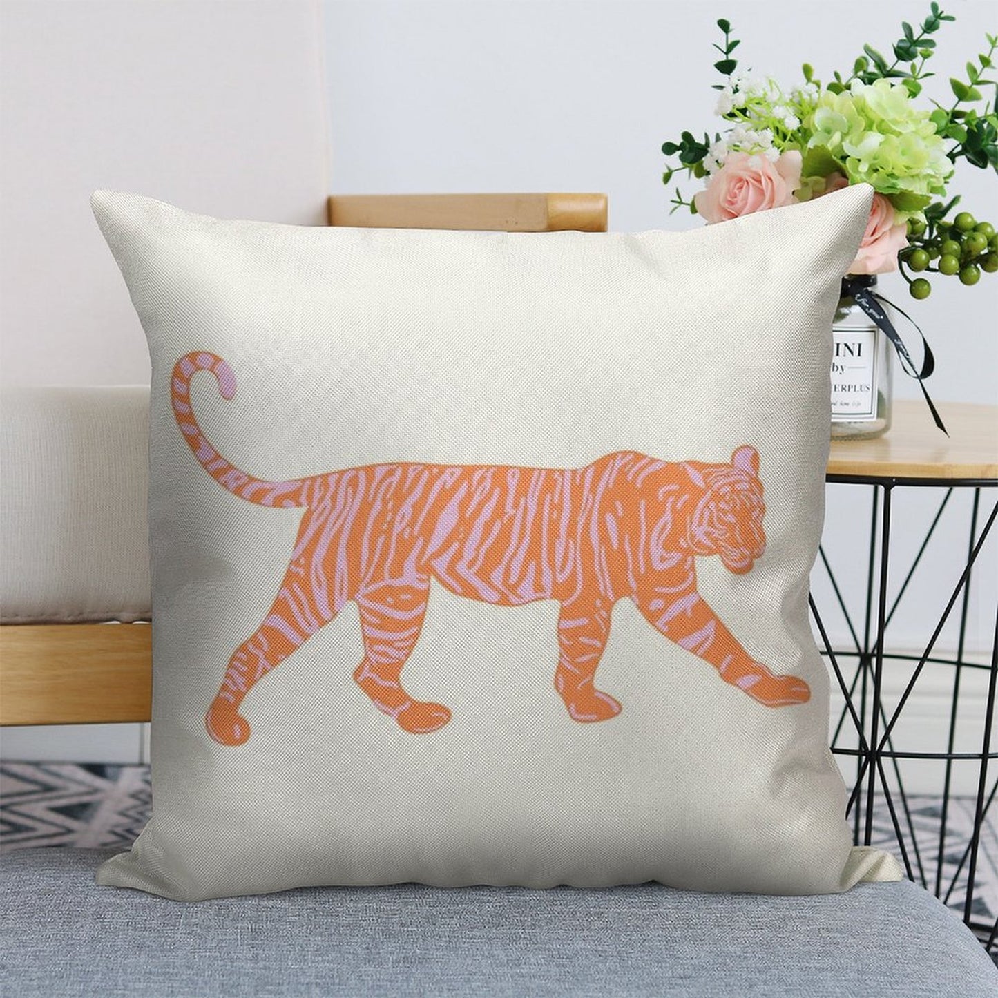 Orange And Pink Tiger Linen Throw Pillow Cover