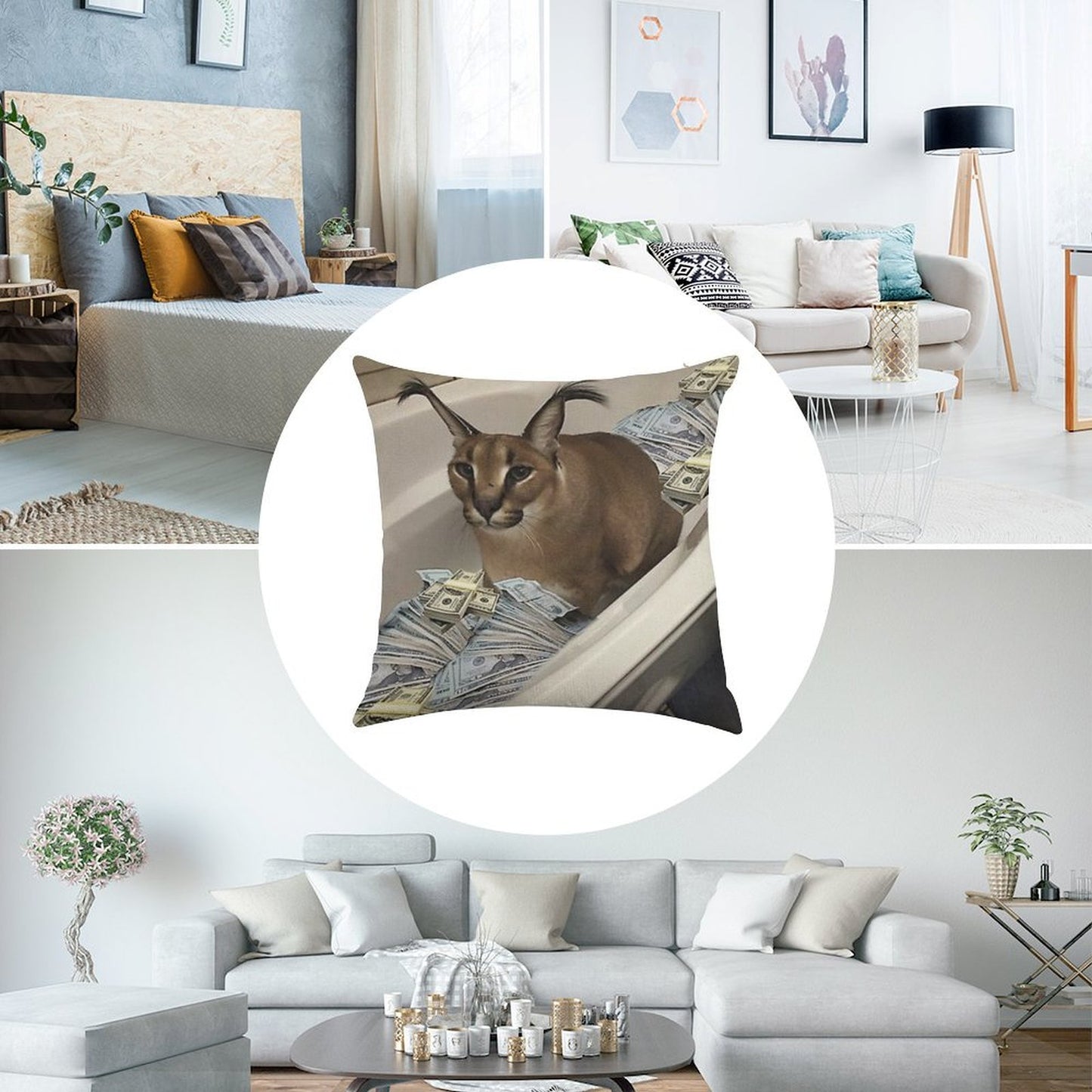 Big Floppa Cash Linen Throw Pillow Cover