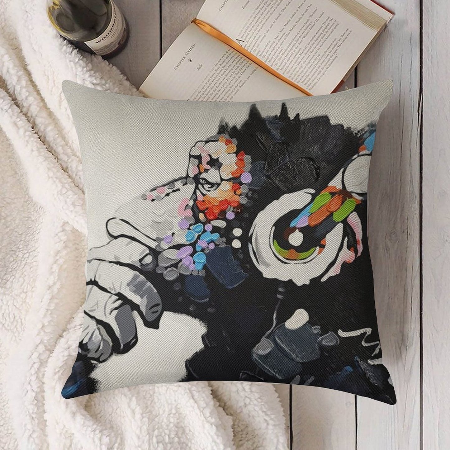 Banksy DJ Monkey Thinker with Headphones White Linen Throw Pillow Cover