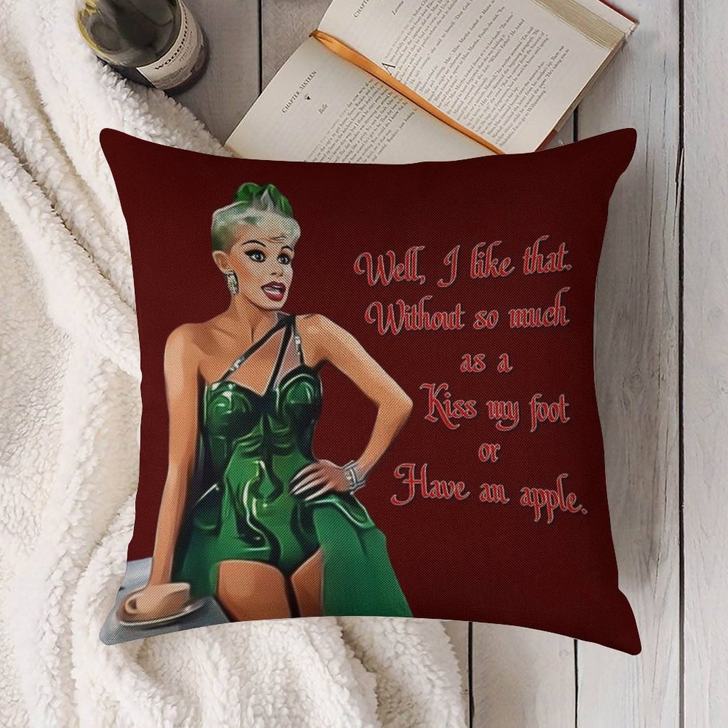 White Christmas - Kiss My Foot Or Have An Apple - Red Linen Throw Pillow Cover