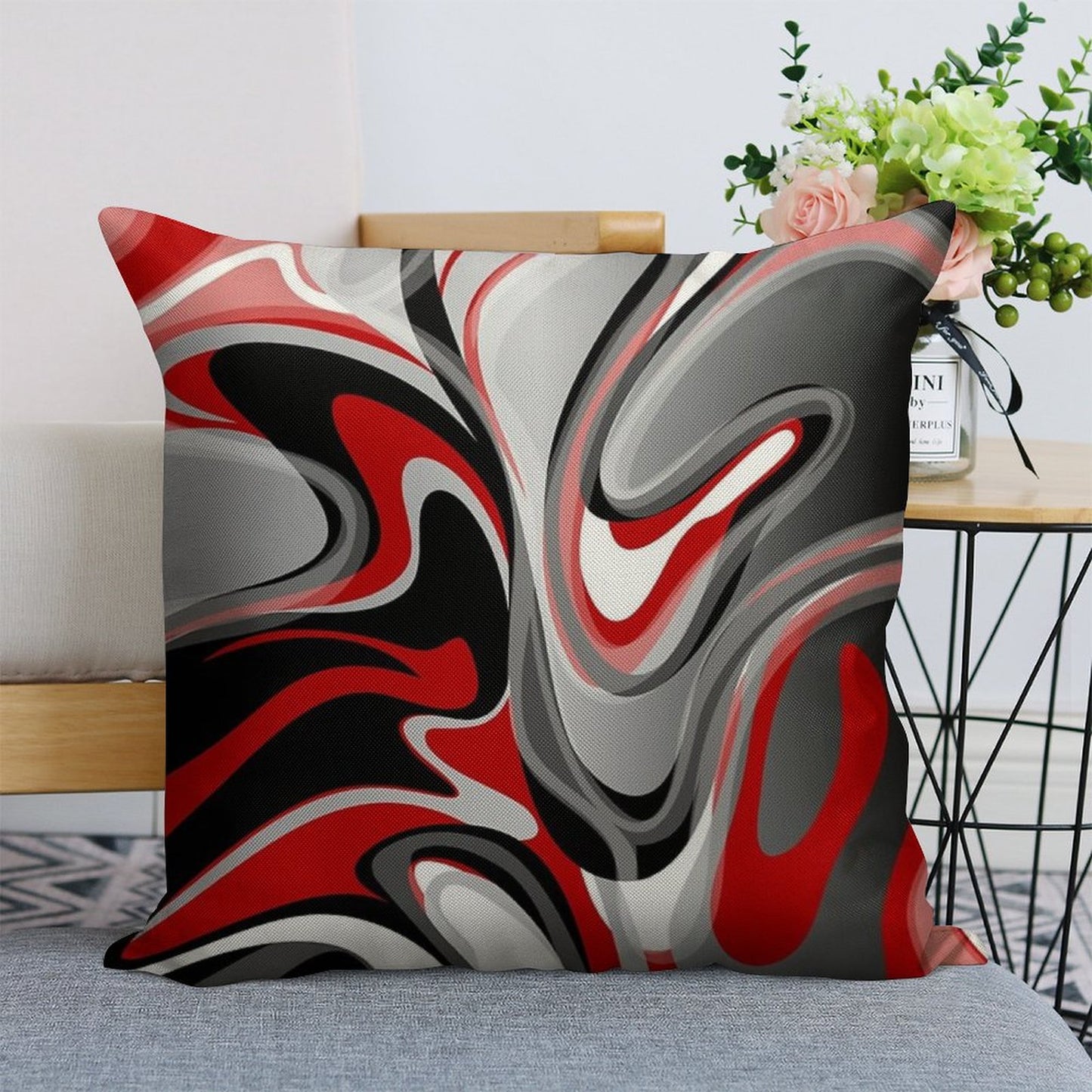 Liquify - Red, Gray, Black, White Linen Throw Pillow Cover