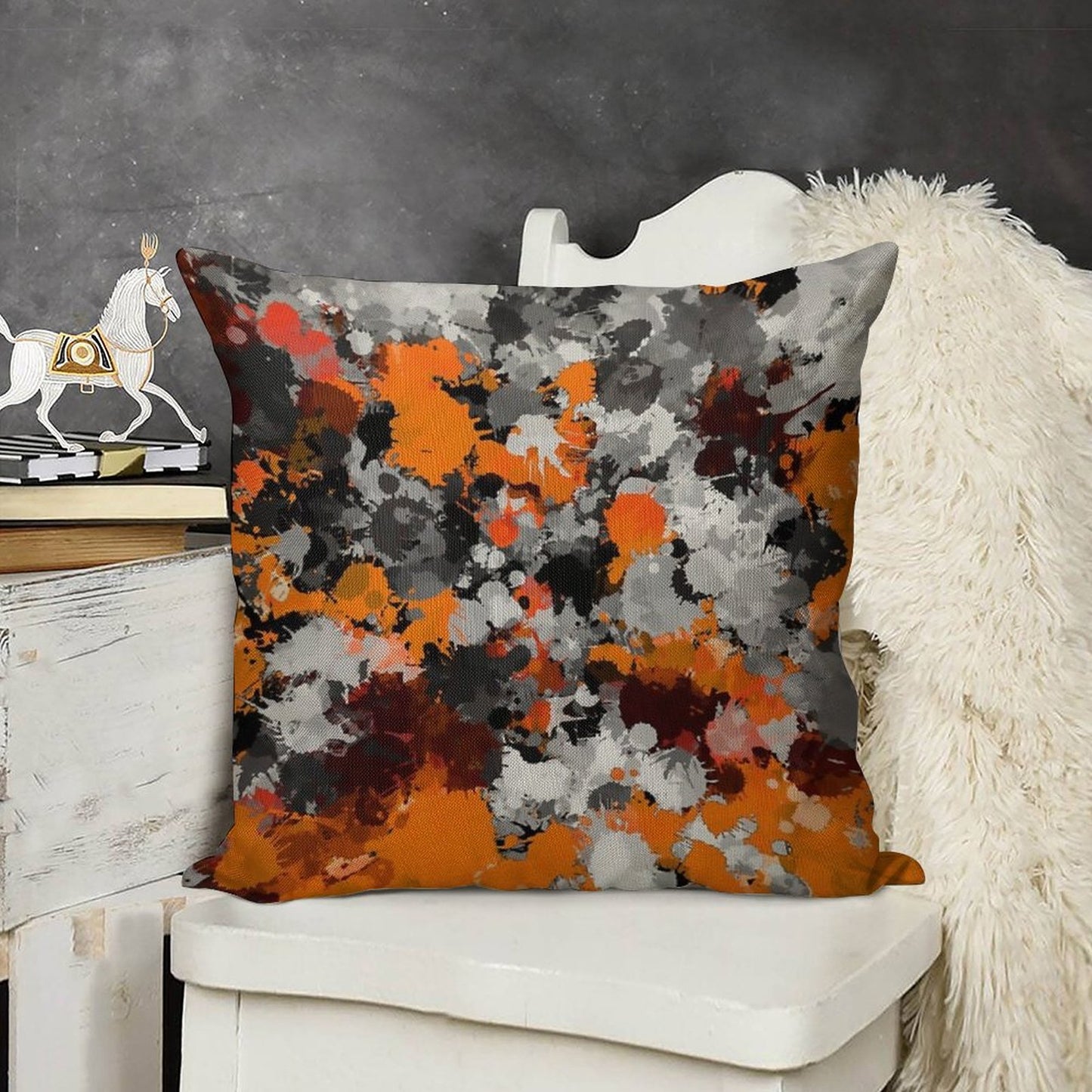Orange And Grey Paint Splatter Linen Throw Pillow Cover