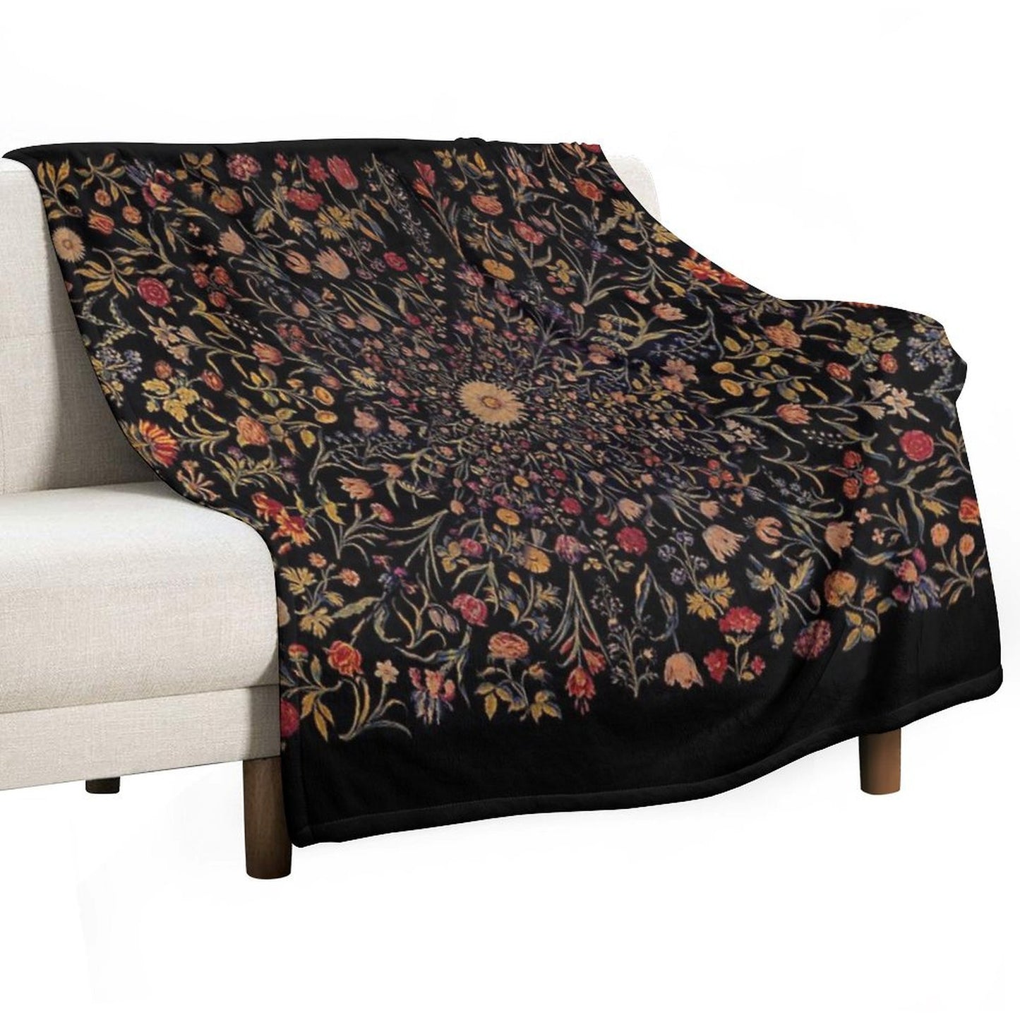 Medieval Flowers on Black Throw Blanket