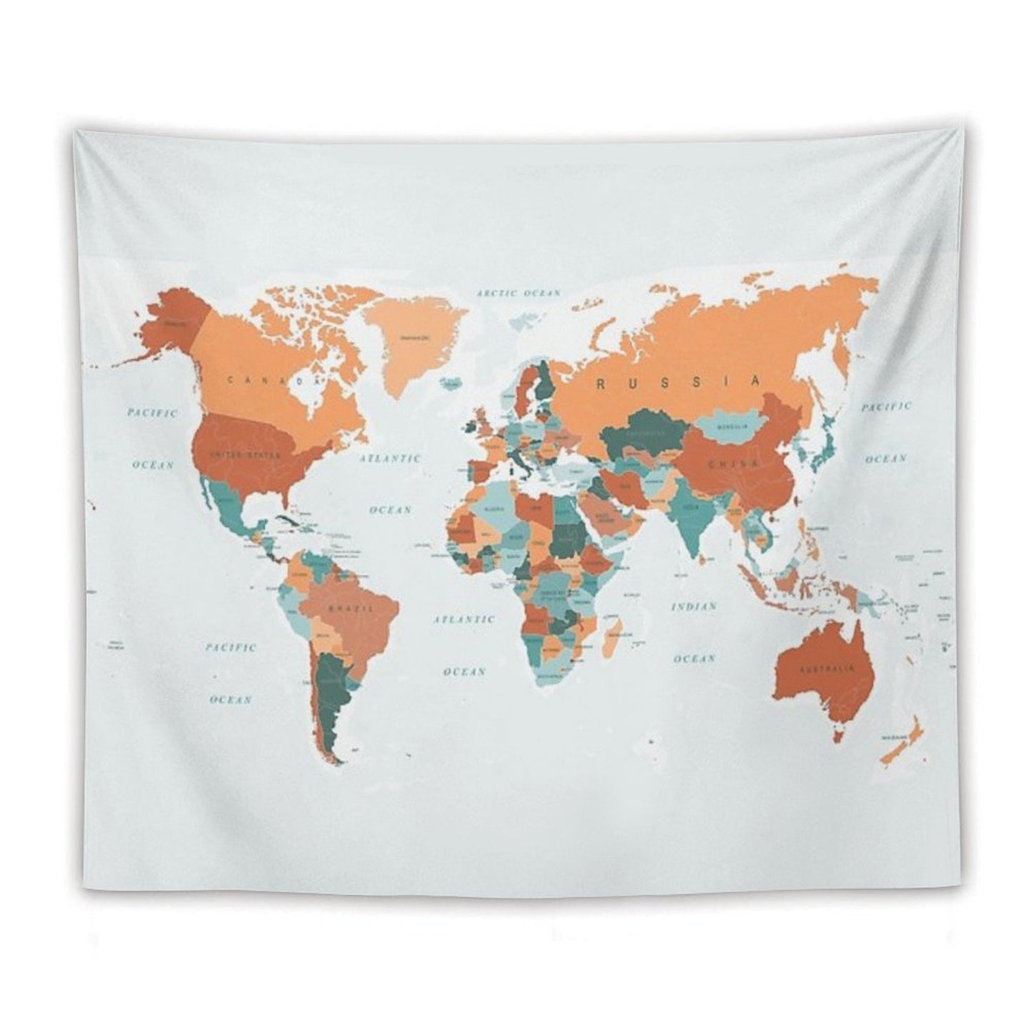 Map of The World in Burnt Orange And Teal Tapestry