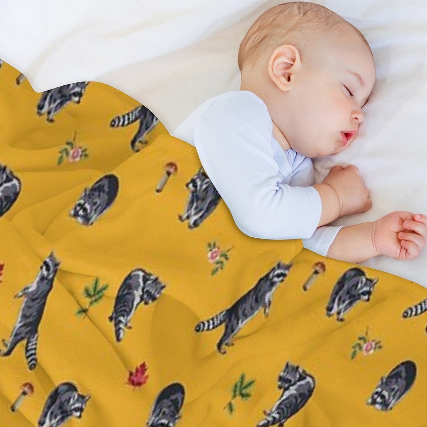 Mustard Raccoon Pattern Throw Blanket