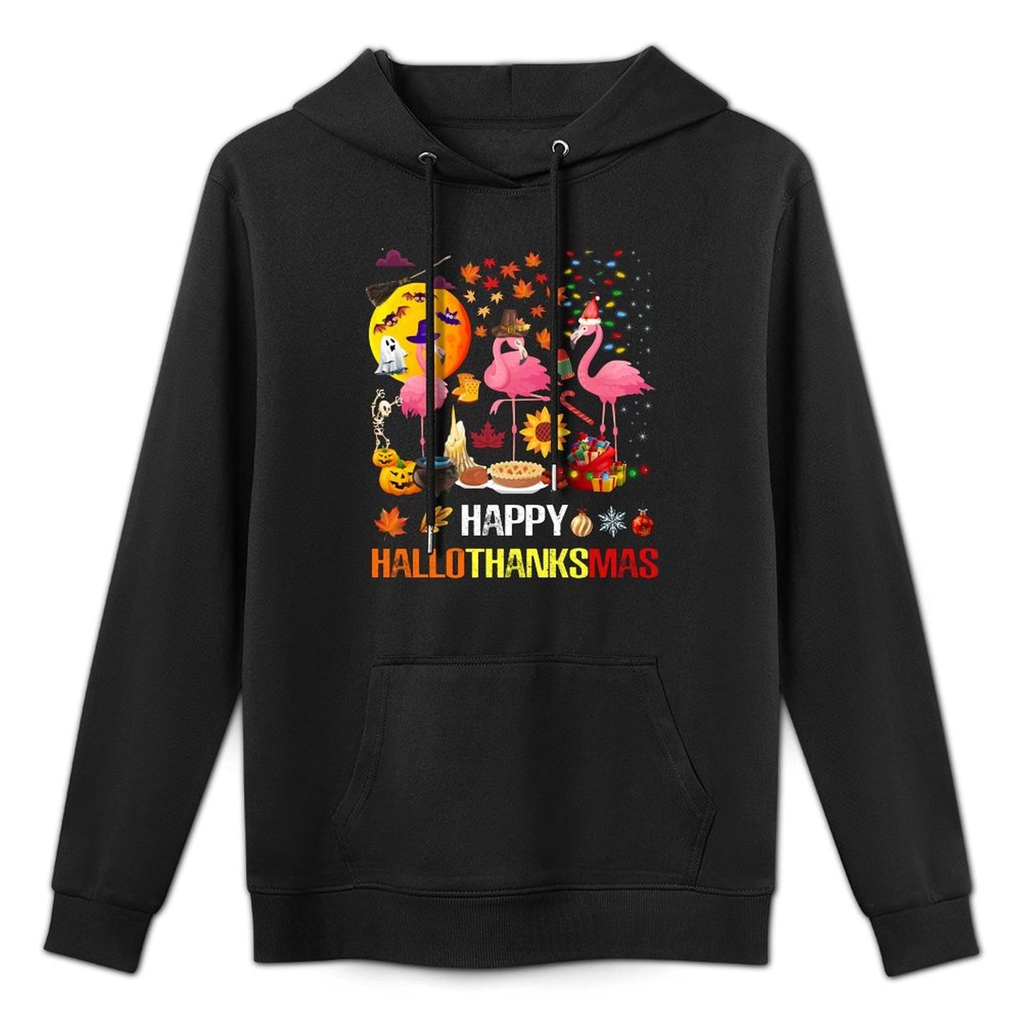 Happy Hallothanksmas Flamingo Halloween Thanksgiving Xmas Machine Washable Hoodie