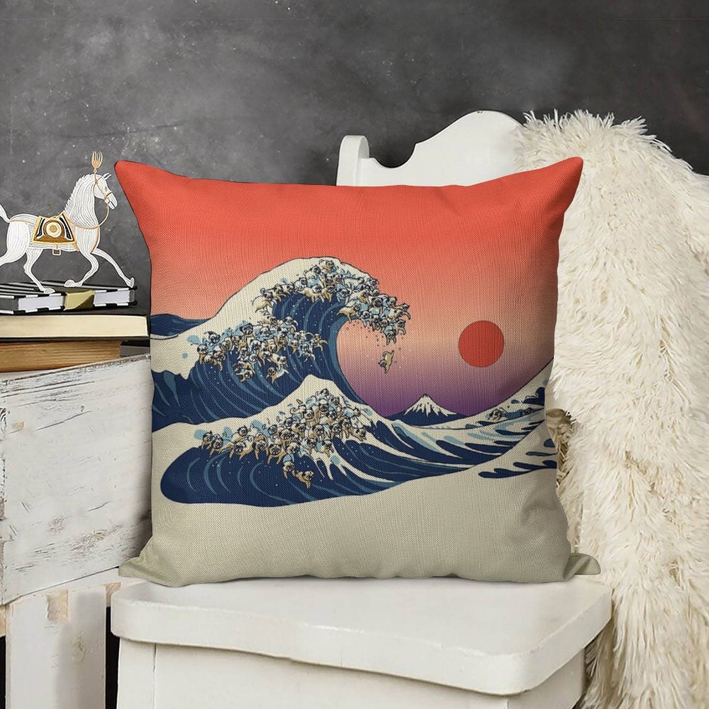 The Great Wave of Pug Linen Throw Pillow Cover