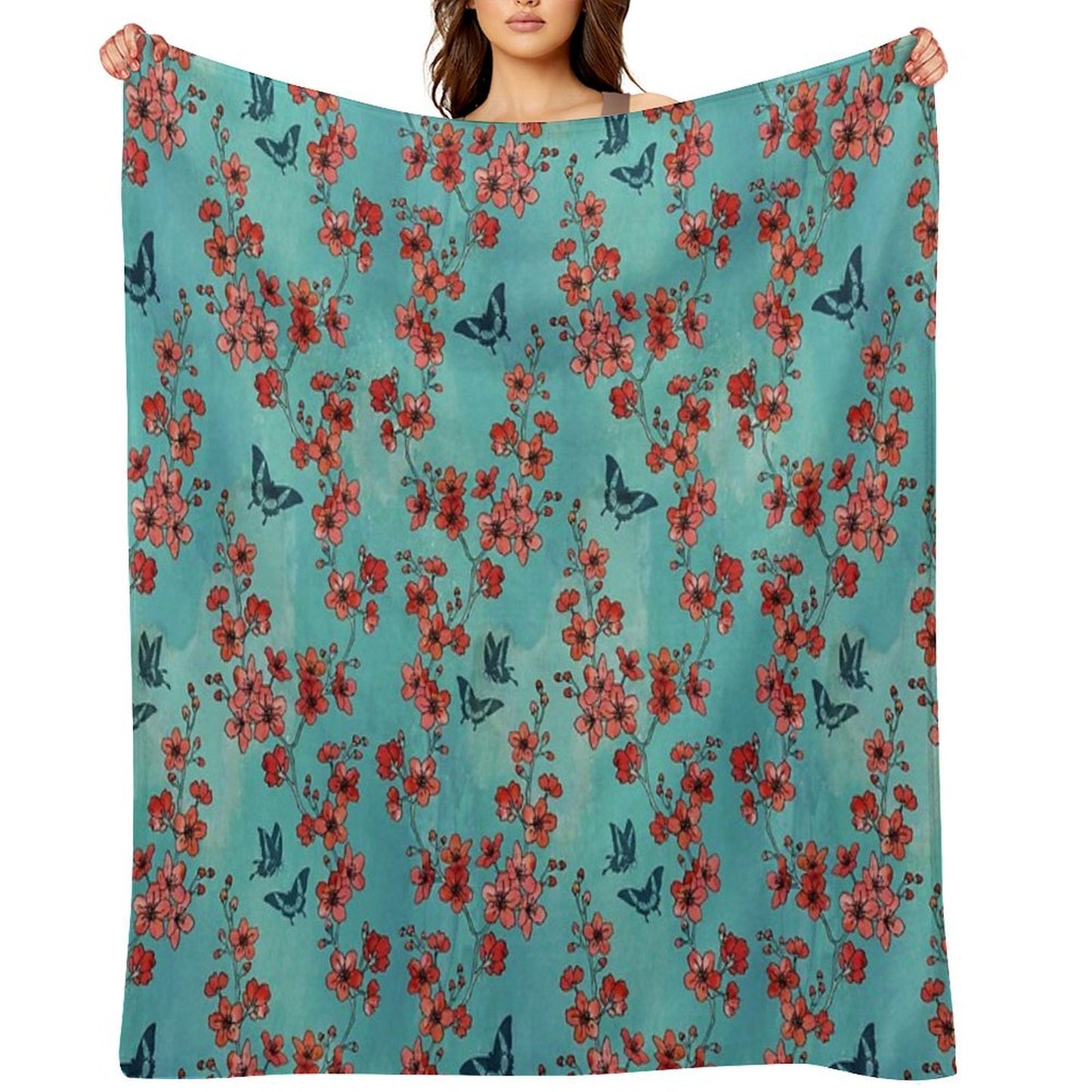 Sakura Butterflies in Turquoise Throw Blanket