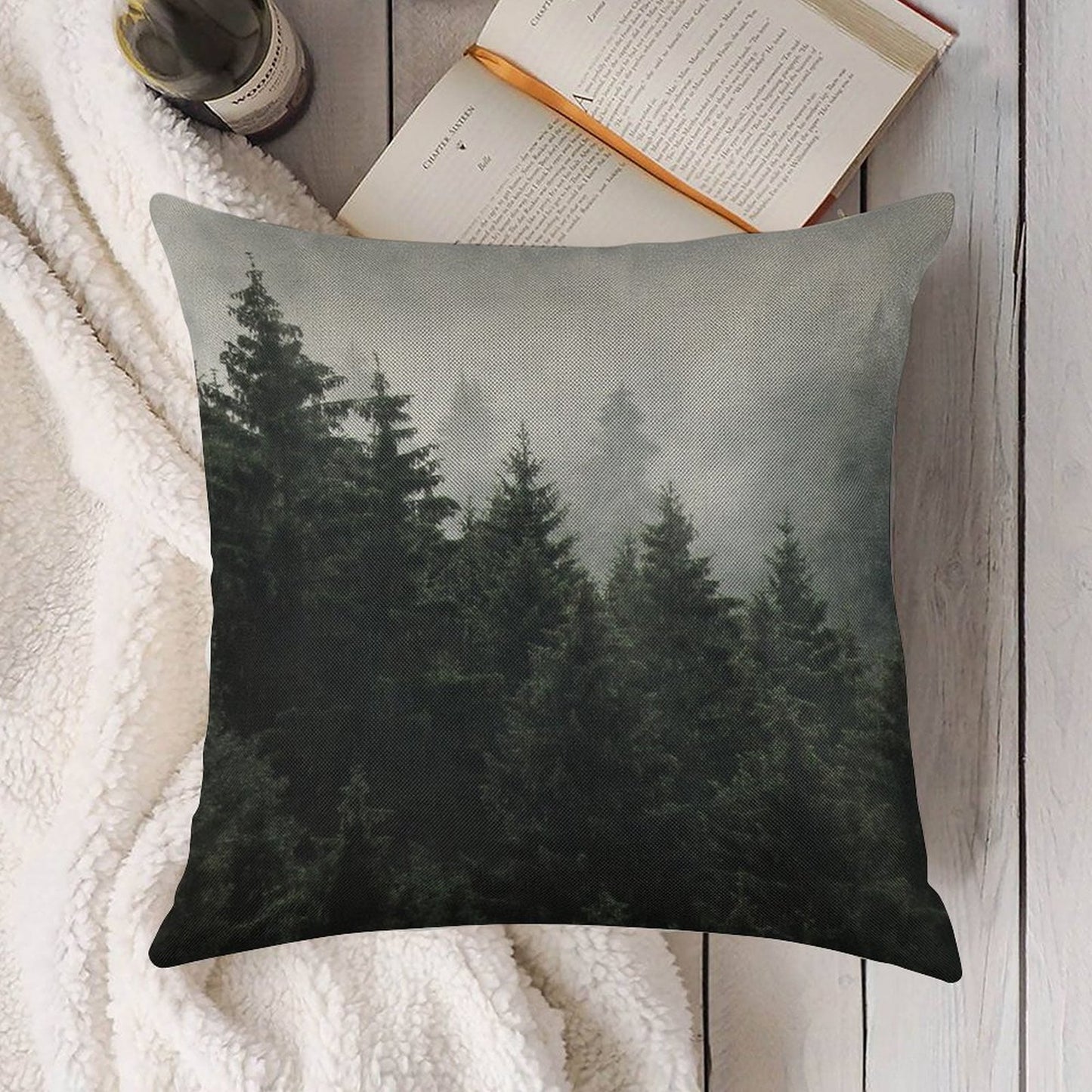 Waiting For  Misty Foggy Fairytale Forest With Cascadia Trees Covered In Magic Fog Linen Throw Pillow Cover