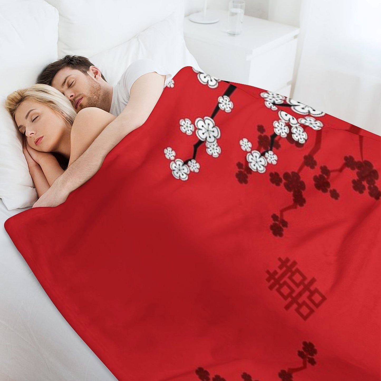 White Oriental Cherry Blossoms on Red And Chinese Wedding Double Happiness Japanese Sakura © Fatfatin Throw Blanket