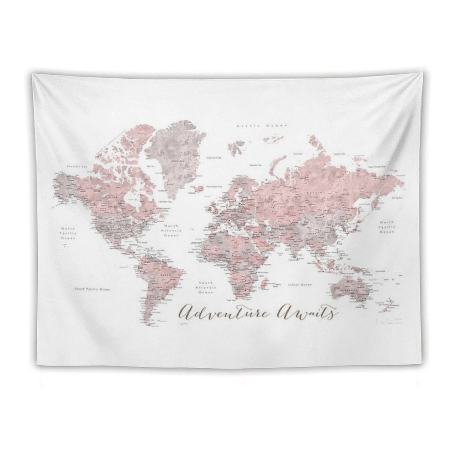 World Map Adventure Awaits in Dusty Pink And Grey Tapestry