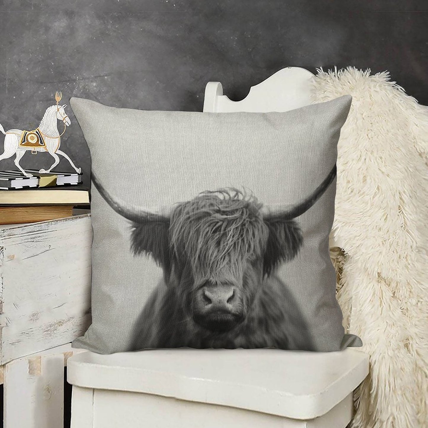 Highland Cow - Black & White Linen Throw Pillow Cover