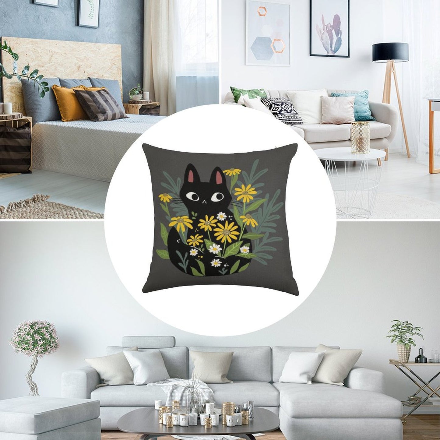 Black Cat with Flowers Linen Throw Pillow Cover