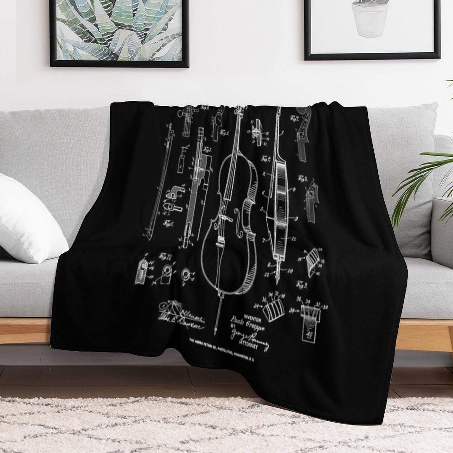 Cello Vintage Patent Cellist Drawing Print Throw Blanket