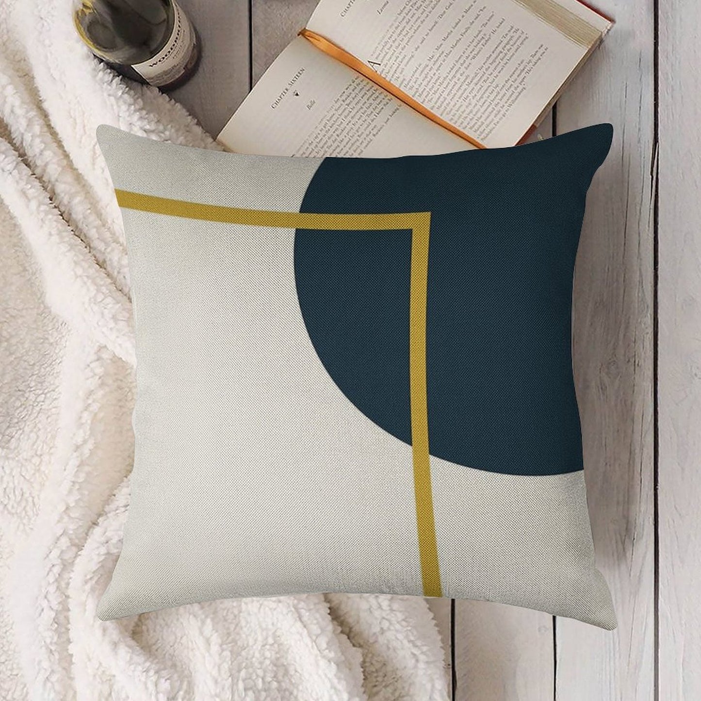 Abstract Geometric Minimalist Navy Blue, Light Mustard Yellow, And White Linen Throw Pillow Cover