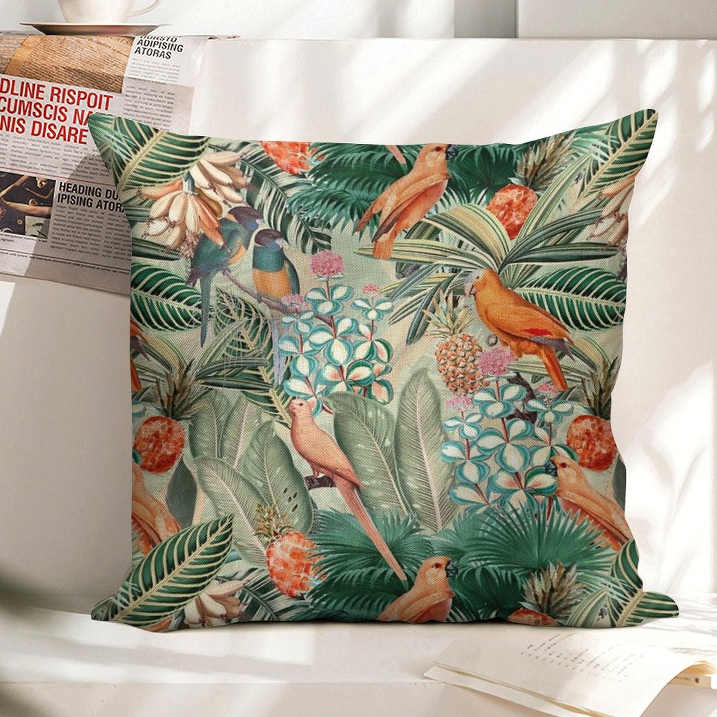 Vintage Orange Tropical Bird Jungle Botanical Garden Nightgarden Linen Throw Pillow Cover