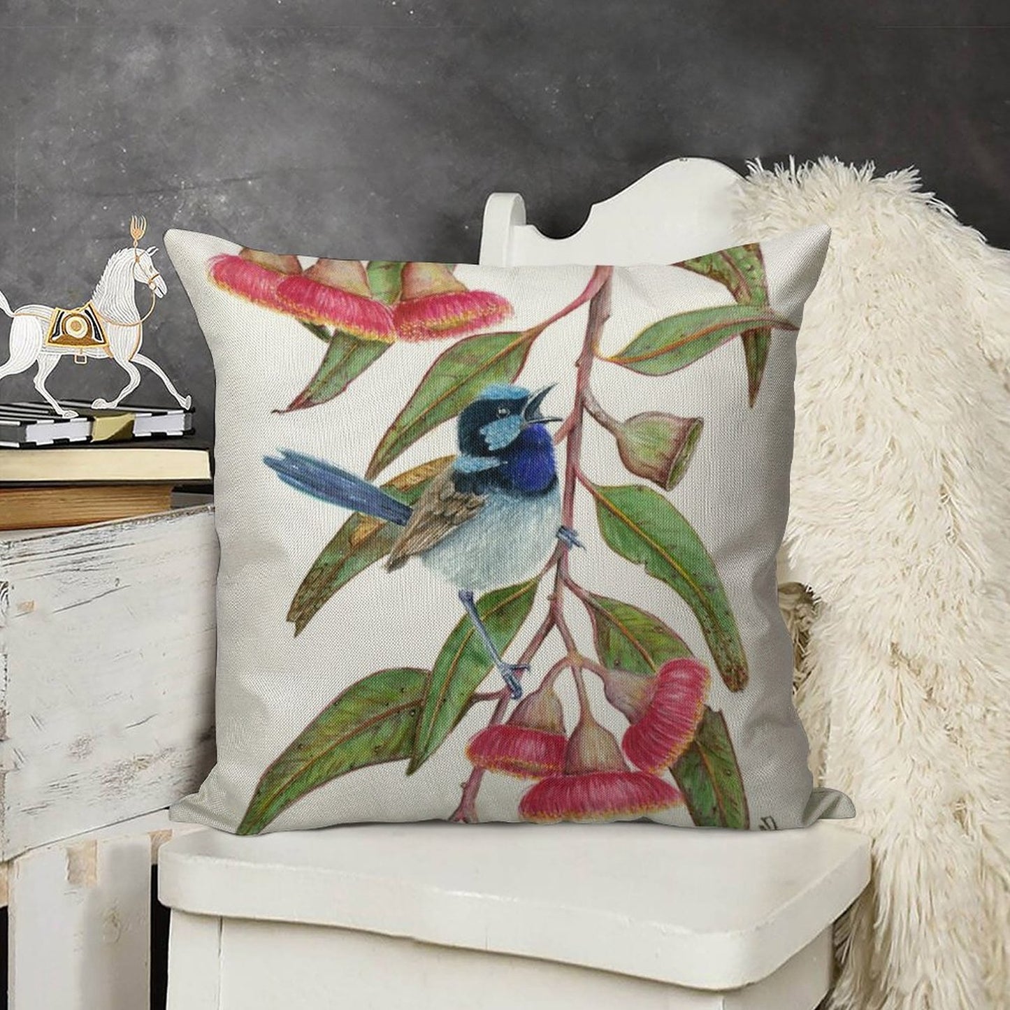 Splendid Fairywren in Silver Princess Linen Throw Pillow Cover