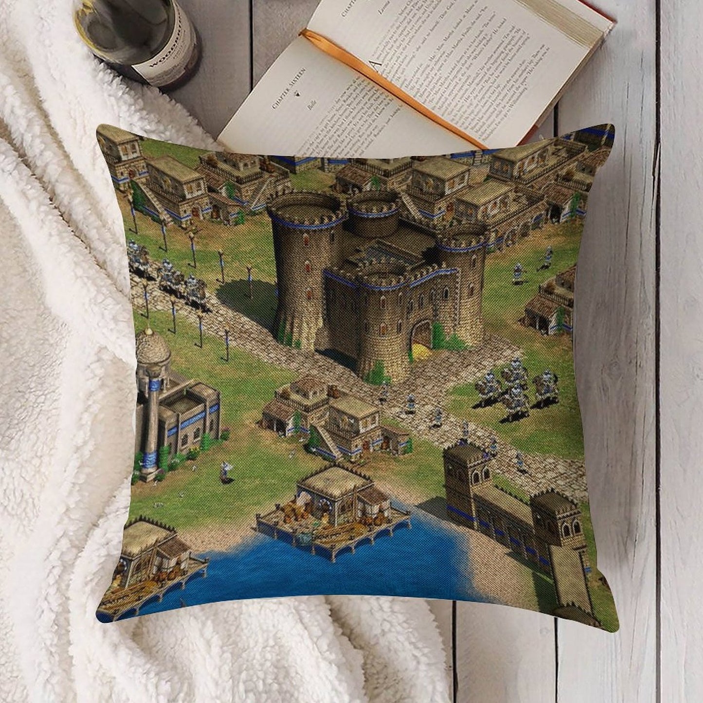 Age of Empires 2 Oriental Town Linen Throw Pillow Cover